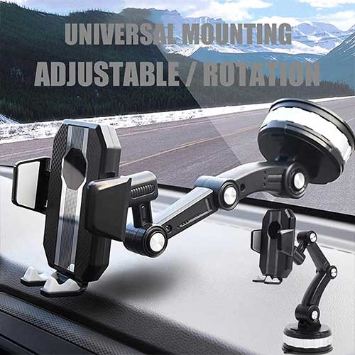 Car Phone Holder 2in1 for Dashboard/Windshield with 360° Rotation, Arms Height adjustable Stable fits all smartphones -Black A33